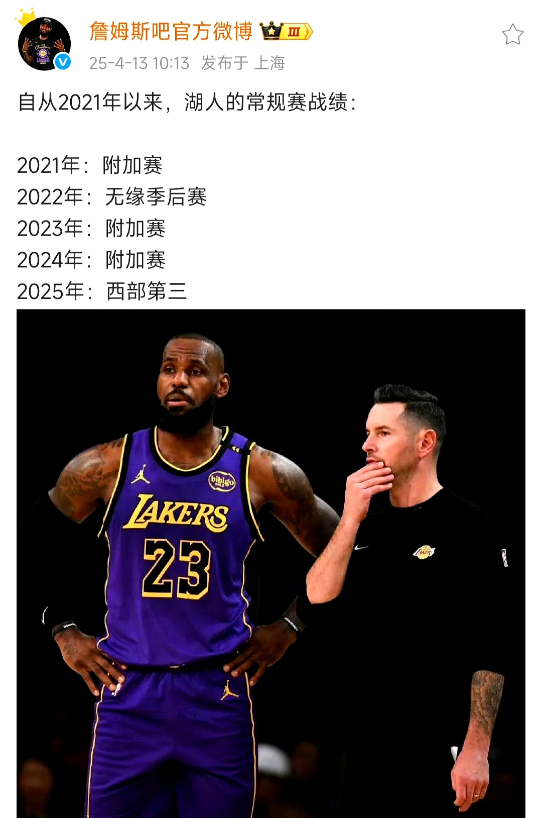 湖人队延续连胜势头，詹皇率队领跑西部榜首